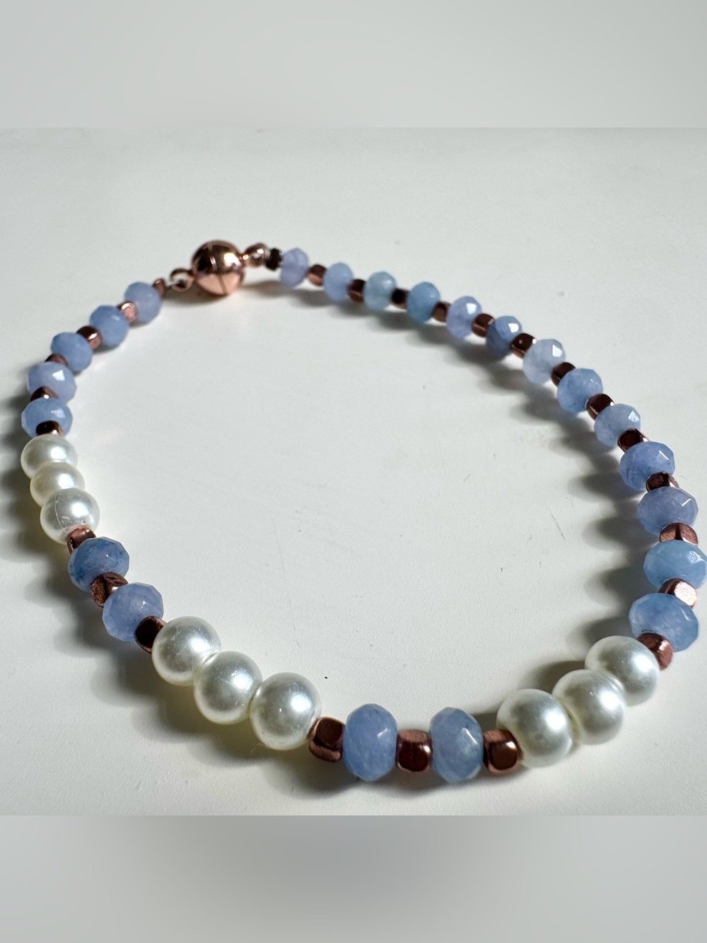Light Blue Quartz Bracelet with Pearl Accents and Rose Gold Hematite Spacers